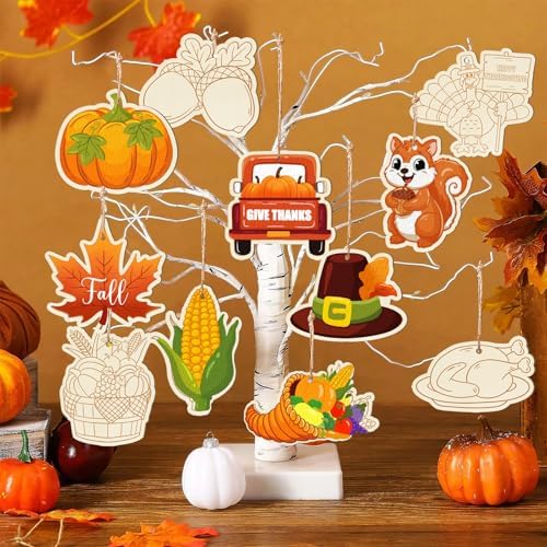 36PCS Wooden Thanksgiving Decoration Fall Ornaments to Paint Happy Thanksgiving Crafts Cutouts Unfinished, DIY Blank Fall Unfinished Turkey Maple Leaf Truck Pumpkin Ornament for Home Harvest Hanging