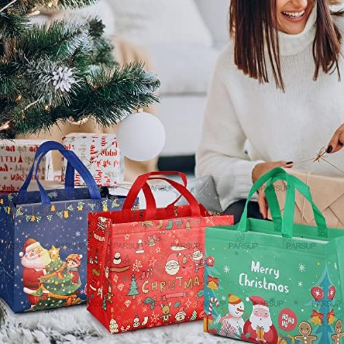 PARSUP 8PCS Christmas Gift Bags, Non-Woven Tote Treat Christmas Bags with Handles for Gifts Wrapping Shopping, Xmas Party Supplies, 12.8"×9.8"×6.7"