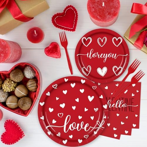 96 Pieces Valentine’s Day Tableware Set – Red and White Disposable Plates, Napkins, and Forks with Heart and Love Designs for Valentine’s Parties Romantic Celebrations – Serves 24 Guests
