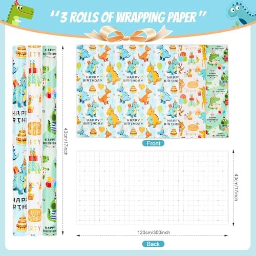 Bafeil Dinosaur Wrapping Paper Birthday Boy, 3 Rolls Cute Dino