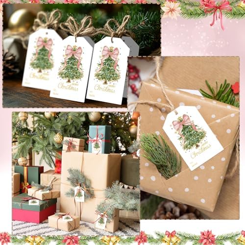 Teling 50 Pcs Christmas Gift Tags with String Pink Bow Merry Christmas Tags
