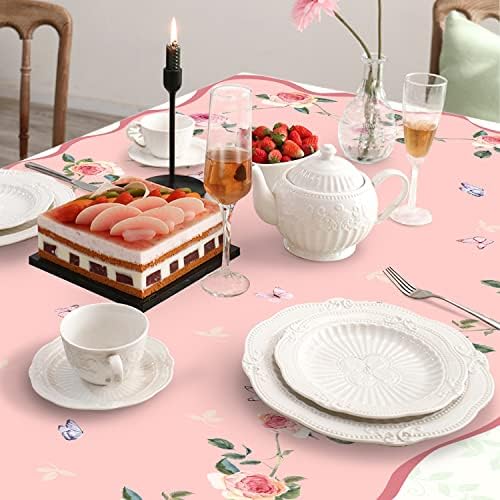 Pink Floral Tablecloth Decoration Tablecloths, Pink Rose Rosette Butterfly Table Covers, Waterproof Table Cover for Dinner Kitchen Party Holiday Decor 60"x 84" Oblong/Rectangle