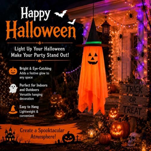 Halloween Decorations Ghost Hanging Ornaments: 39.4 Inch Foldable Cloth Witch Hat Ghost Decor With Lanyards - Reusable Hanging Halloween for Tree Porch Yard and Ceiling Wall Home