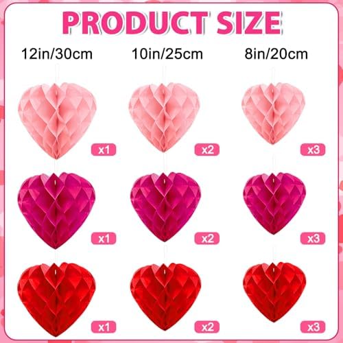 JULMELON 18 PCS Valentine's Day Party Heart Decorations, Red Pink Magenta Heart Paper Honeycomb Balls Hanging Valentines Day Ornaments Galentines Day Decor for Wedding Bridal Shower Party