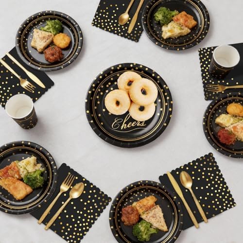 168Pcs Black and Gold Paper Plates and Napkins Party Supplies for 24 Guest