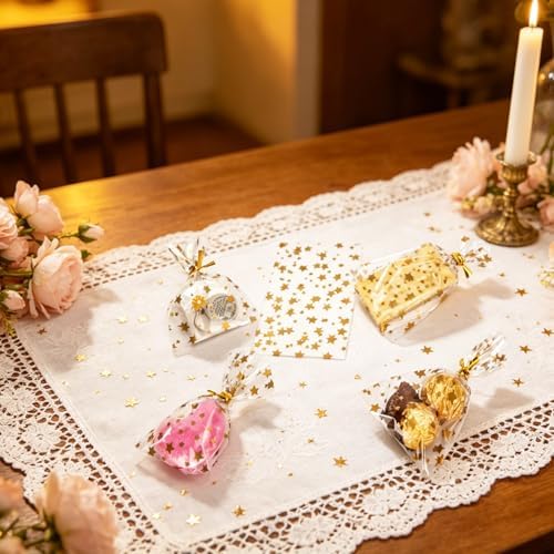100 Pcs Star Printed 3"X 5"（7.5X12.7cm) Gift Wrap Cello Cellophane Treat Bags Party Favor bags Clear Candy Cookie Bags Plastic Poly Goodie Storage Bags with Twist Ties for Bakery,Birthday, Wedding ,Party Decorations (Gold)