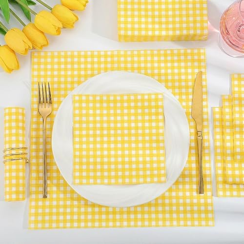 NatNarr 80 Pk Gingham Napkins Yellow Napkins Disposable, 6.5"
