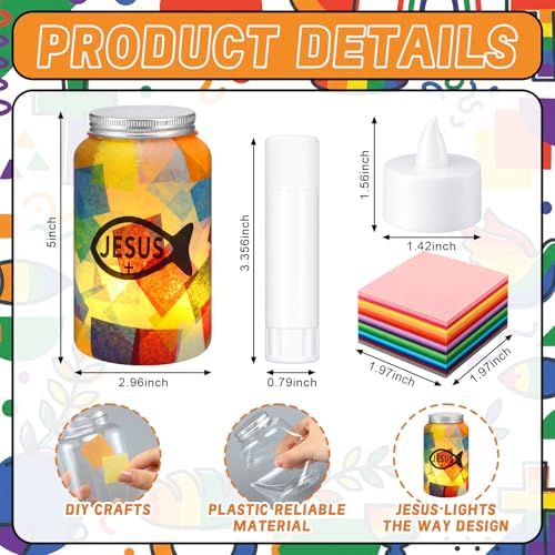 Qinyoung 12 Pcs Religion Faith Jesus Fish Crafts Mason Jars Tissue Paper Crafts with LED Candle Light DIY Suncatchers Decoration Make Your Own VBS Mason Jars Supply for Sunday School Projects Activity