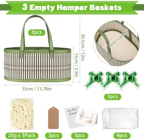 Dreamtop 3 Set Baskets for Gifts Empty, Woven Bamboo Gift Basket Empty Large with Handles, Sturdy Gift Basket Kit Empty to Fill for Christmas Birthday Baby Shower Wedding Gift (Green)