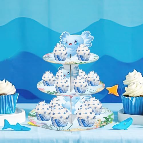 Axolotl Birthday Decorations Cupcake Stand, 3 Tier Cute Blue Cartoon Axolotl Cardboard Cupcake Display Stand Dessert Tower, Underwater Theme Party Supplies for Boys Girls