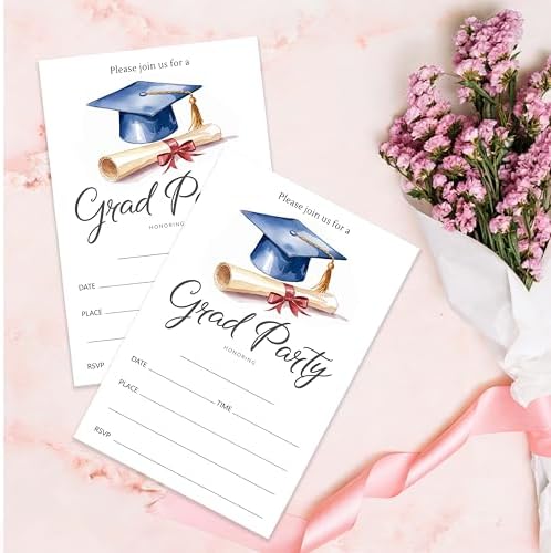 4x6 2026 Watercolor Grad Party Invitations (20 Cards + 20 Envelopes) - Blue Cap & Diploma Grad Celebration Invites.(015)
