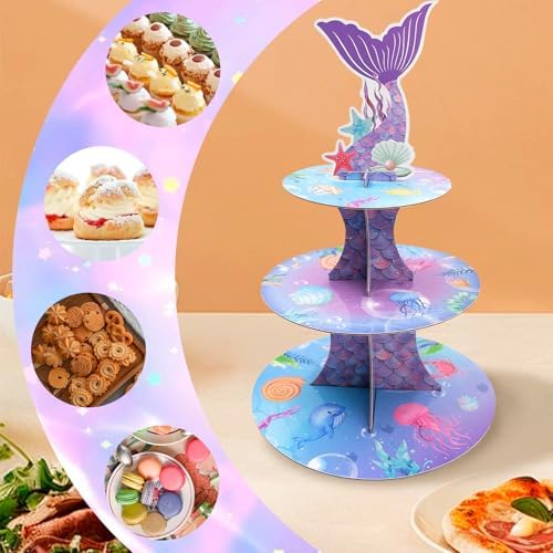 Mermaid Decor Cupcake Stand - 3 Tier Cupcake Tower Decorations Dessert Holder for Table Display Little Mermaid Birthday Party Decor