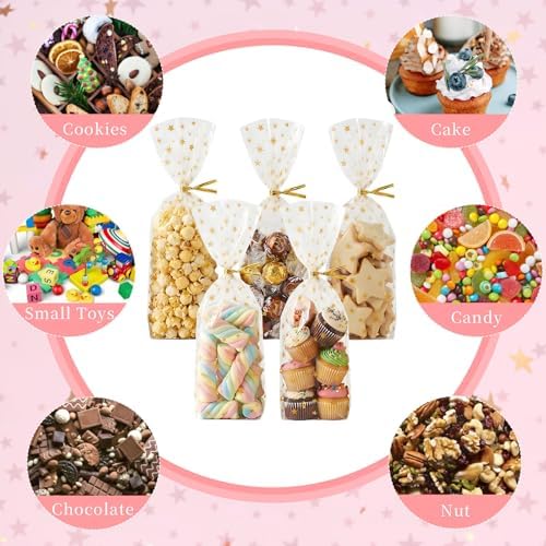 CCINEE 150 Pcs Cellophane Treat Bags, 5 X 11 Inches Gold Star Print Clear Gift Wrap Candy Bags Goodie Bags with Twist Ties for Wedding, Birthday Party Favors, Bakery, and Gift Packaging