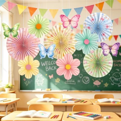 Pastel Paper Flower Butterfly Decoration Pastel Classroom Ceiling Decor Paper Fans Butterfly Party Decorations for Wall Office Classroom Women Birthday Baby Shower Back to School Decor