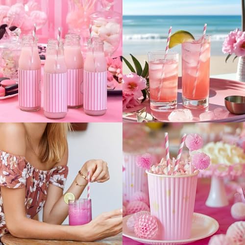 7.75" Pink Straws, Pink White Striped Paper Drinks Straws Disposable 100 ct