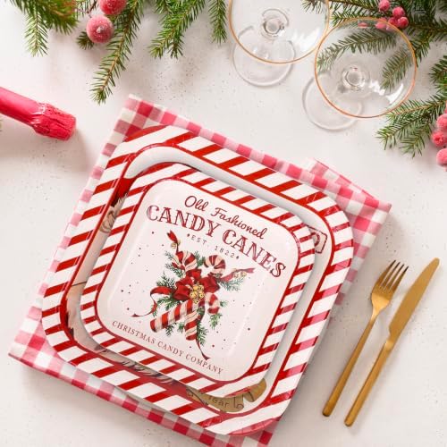 Whaline 40Pcs Christmas Vintage Tableware Set Santa Candy Cane Stripe Paper Plates 7 & 9 Inch Retro Xmas Square Disposable Plates for Holiday Party Table Supplies