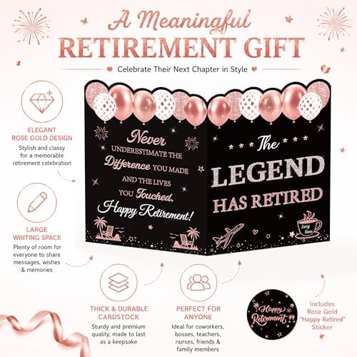 WNINK Jumbo Retirement Card for Women, Black Rose Gold Happy Retirement Guest Book with Envelope, Large Farewell Signing Card, The Legend Has Retired Decorations Gift