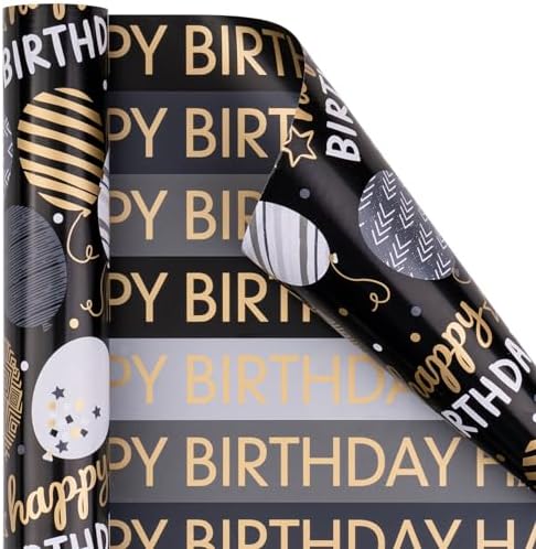 RUSPEPA Reversible Birthday Wrapping Paper Roll, Mini Roll, Black Gold Foil Happy Birthday Balloon & Stripe Text Design Gift Wrap Paper for Men, Boy, Adults, Party Celebration, 17.5 Inches x 32.8 Feet