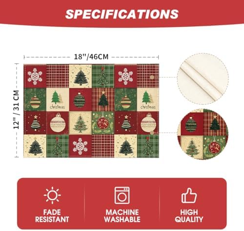 Artoid Mode Xmas Trees Christmas Balls Placemats Set of 6, 12x18 Inch Table Mats for Winter New Year Holiday Party Kitchen Dining Decoration
