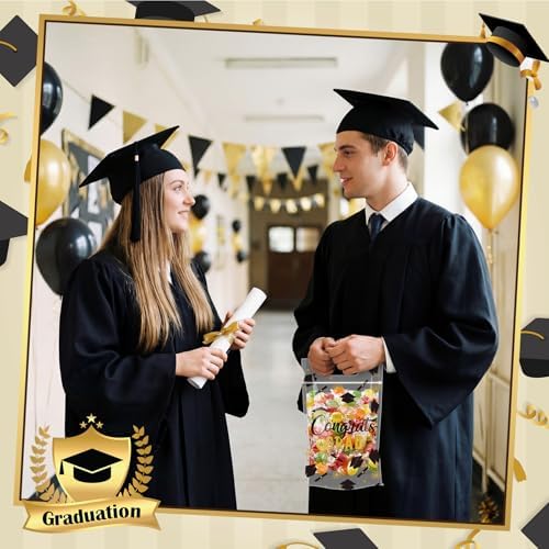 Engrowtic 100 Pcs Graduation Treat Bags Resealable 2026 Congrats Grad Gift Bags Black and Gold Plastic Snack Goodie Pouches with Handles for Graduation Party Favors Supplies