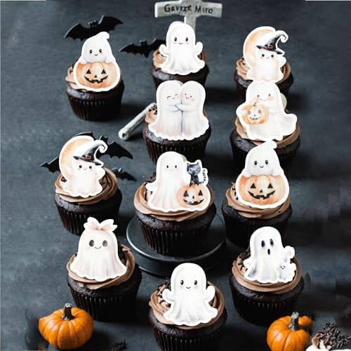 60 PCS Edible Halloween Cupcake Toppers Wafer Paper Spooky Cat Wizard Hat Pumpkin Cupcake Picks Edible Cat Ghost Cake Decorations for Baby Shower Birthday Halloween Party Cake Decorations Supplies