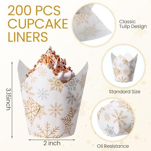 Maxdot 200 Pcs Winter Snowflake Tulip Cupcake Liners for Baking Silver Gold Snowflake Paper Muffin Baking Cups Christmas Tulip Muffin Liners Wrappers for Xmas Winter Birthday Party Supplies