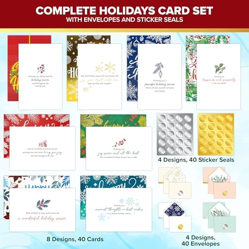 Decorably 40 Pack Foil Embossed 5x7in Assorted Holiday Cards Bulk