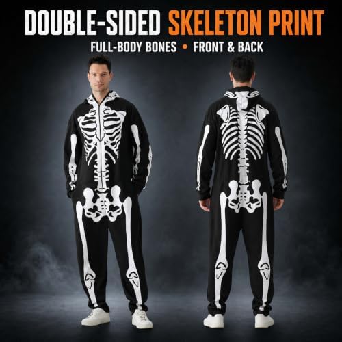 Skeleton Halloween Costume for Men & Women, Double-Sided Zip Hood Jumpsuit