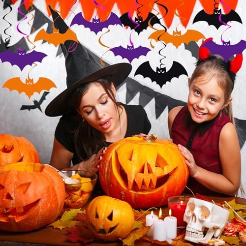 YQUQWN 46 PCS Halloween Bat Hanging Swirl Decorations Black Orange Purple Flying Vampire Bat Ceiling Decor for Kids Halloween Party Door Office Party Supplies