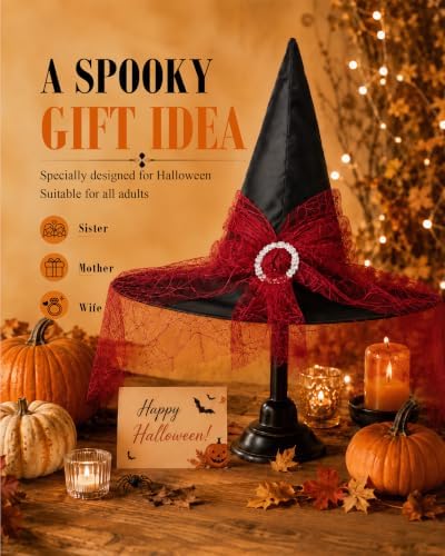 Edoneery Halloween Witch Hat for Women, Mesh Lace Cosplay Costume Accessory