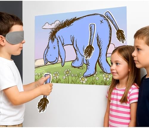 Winnie Pin The Tail On Eeyore Donkey Fun Party Game for Pooh Baby Shower Birthday Decorations, Pin The Tail On Donkey Poster with 20 Tail Stickers and Blind Fold.