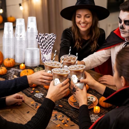 Jingmore 50 Set Halloween Ghost Lattes Plastic Cup 16 oz with Lid and Straw