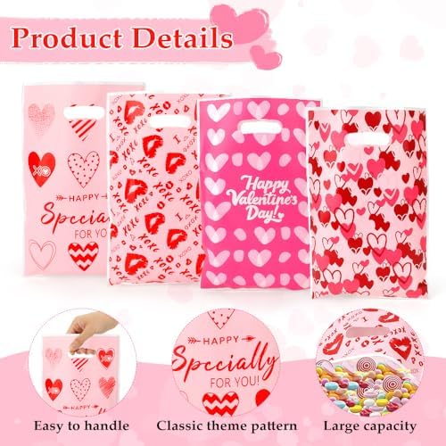 Valentines Treat Bags, 100PCS Valentines Gift Bags with Handles, 7x10 Inch Plastic Happy Valentine's Day Goodie Cookie Candy Bag for Valentine's Day Wedding Anniversary Engagement Party Favor Supplies