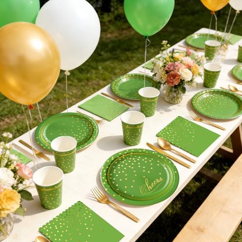 168Pcs Green and Gold Paper Plates and Napkins Party Supplies for 24 Guest