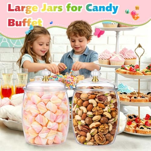 Mwellewm 4Pc Candy Jars with Lids 1 Gallon/64 OZ Clear Plastic Cookie Container with Scoops Large Airtight Apothecary Storage Organization Snack Buffet Canister for Wedding Home Kitchen Bar Decoration