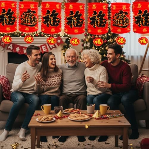 Chinese New Year Lanterns Decoration 2026, 6 Pcs Lunar New Year Red Fu Paper Lanterns, 6.2 x 11 Inches Lucky Fu Character Lantern Lunar Spring Festival Ceiling Hanging Decor for Home Restaurant Store