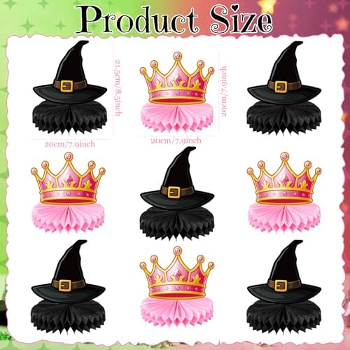 Faccito 9 Pcs Witch Party Table Decorations Pink Tiara Black Hat Honeycomb Centerpieces Witch Table Centerpieces for Movie Birthday Party Decorations Supplies