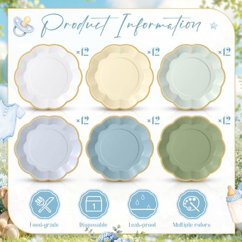 72 Pcs Boy Baby Shower Paper Plates 9 Inch Sage Green Blue Gradient Scalloped Paper Disposable Dinner Dessert Plates for One Silly Goose Birthday Wedding Bridal Party Supplies, 6 Colors