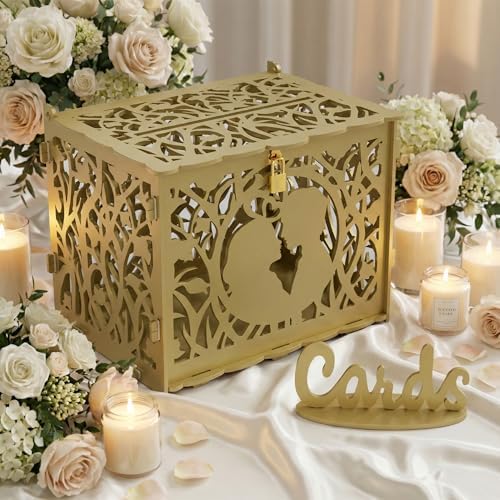 Jolik Wedding Card Box with Sign – Large Rustic Wedding Money Box Holder, DIY Envelop Gift Card Shadow Boxes for Wedding Reception, Anniversary, Graduation, and Birthday Parties (Gold)