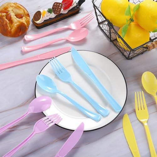Kochorie 300 Pcs Pastel Plastic Silverware, Heavy Duty Plastic Cutlery Set