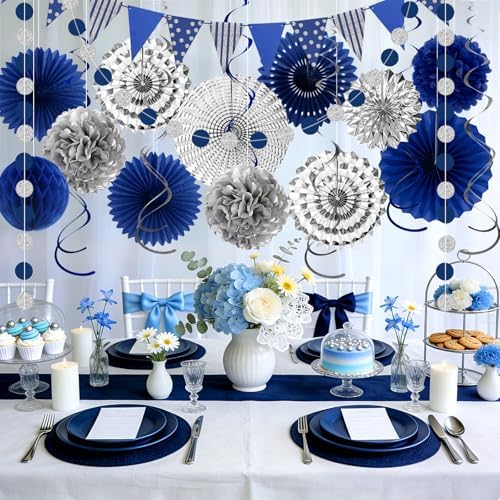 24 Pcs Blue Silver Party Decorations, Paper Fans Pom Poms Banner 8-16 in