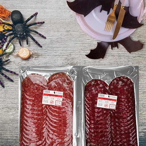 J&J's ToyScape Halloween Meat Tray Labels, 9 Piece Set, Spooky Food Theme Halloween Party Decor, Spooky Food Stickers, Glossy Water-Resistant Vinyl, 3x2 Inch