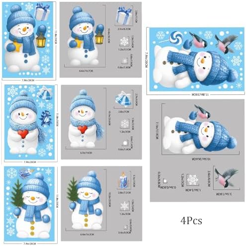 Christmas Window Stickers Cute Snowman Snowflake Window Clings Decals Reusable Double Sided Static Clings Window Clings for Glass Windows for Winter Christmas Decorations 4 Sheet