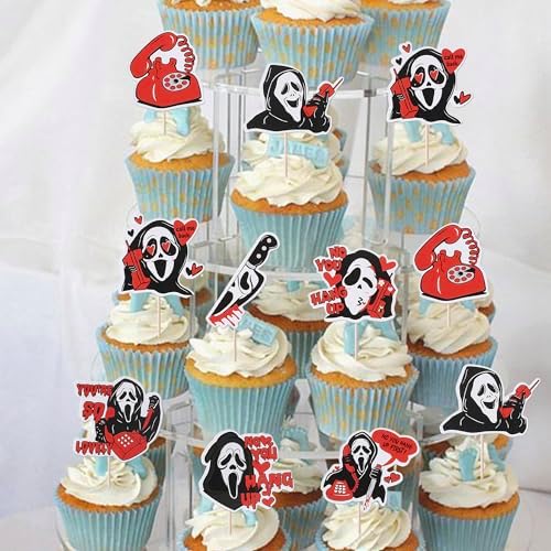 Rsstarxi 40 Pack Horror Movie Scam Cupcake Toppers Telephone No You Hang Up Killer Birthday Cupcake Toothpicks for Halloween Horror Movie Theme Birthday Party Cake Decorations Red