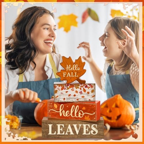 Moucuny 4 Pcs Fall Table Decorations for Home, Maple Leaf Wooden Sign Set