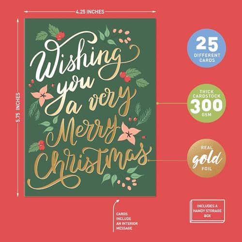 Sweetzer & Orange Boxed Christmas Cards Set – 100 Holiday Cards with Envelopes & Sealing Stickers – 25 Unique Designs with Gold Foil & Short Greetings – Bulk Assorted Christmas Greeting Cards