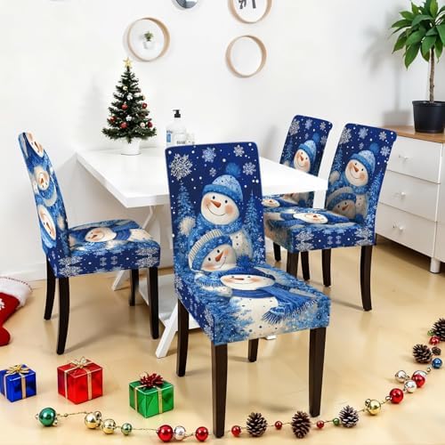 Snowman Chair Covers Set of 4, Stretchable Dining Chair Slipcovers with Snowflakes and Winter Trees for Christmas Holiday Decor