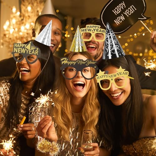 42 Pieces 2026 New Year's Eve Party Supplies Kit - Black Gold Silver Happy New Year Paper Glasses, Headband Tiaras, Cone Hats, Noise Makers for New years Eve Party Decorations