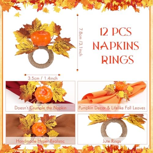LemonRoad 36 Pcs Cloth Napkins and Napkin Ring Holders, Reusable Fabric for Table Decor Banquet Holiday Dinner Party Supply(Orange,White, Burgundy, Coffee,Fall)