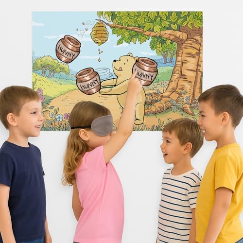 Winnie Catch Hunny for Pooh Fun Party Game for Pooh Baby Shower Birthday Decorations, Pin The Hunny Pot on Bear Poster with 20 Honey Pot Stickers and Blind Fold.